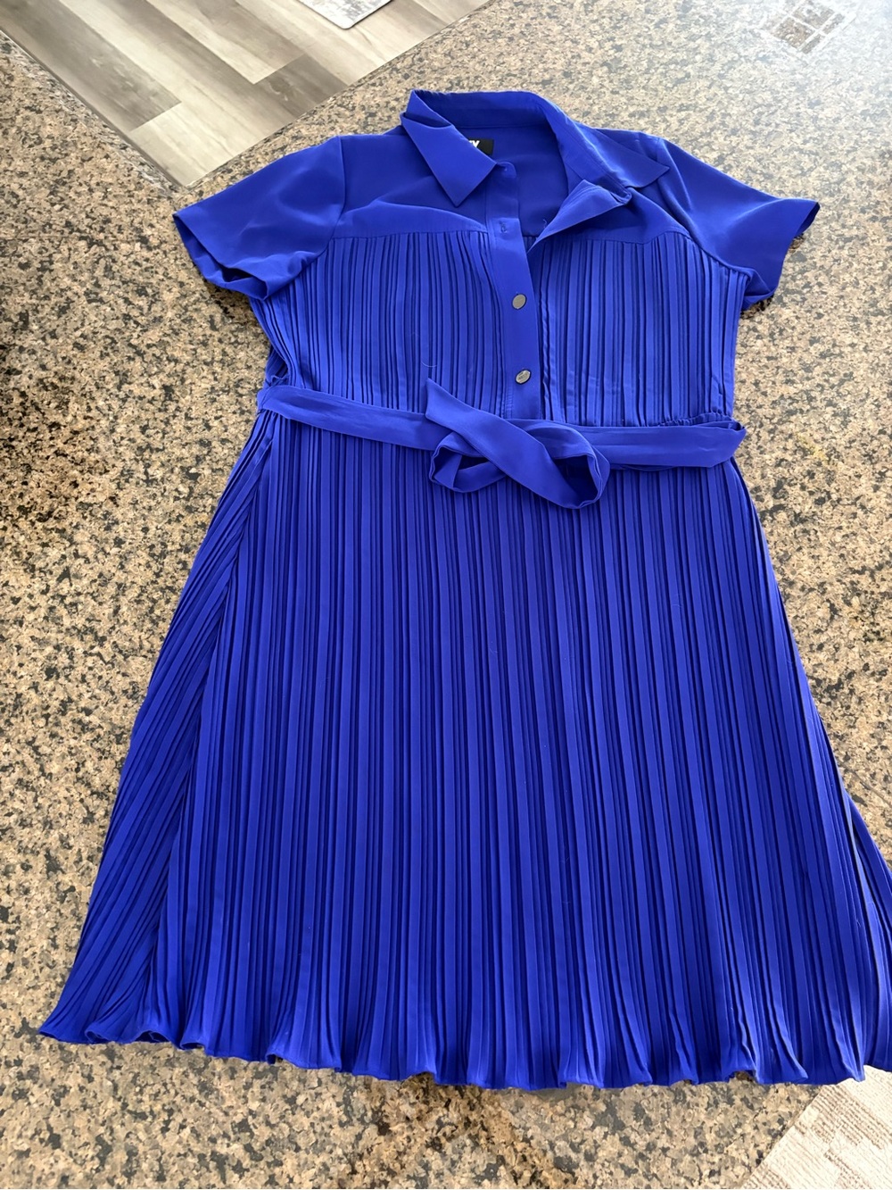 DKNY Womens Blue Pleated Collared Button-Front Belted Shirt Dress 14